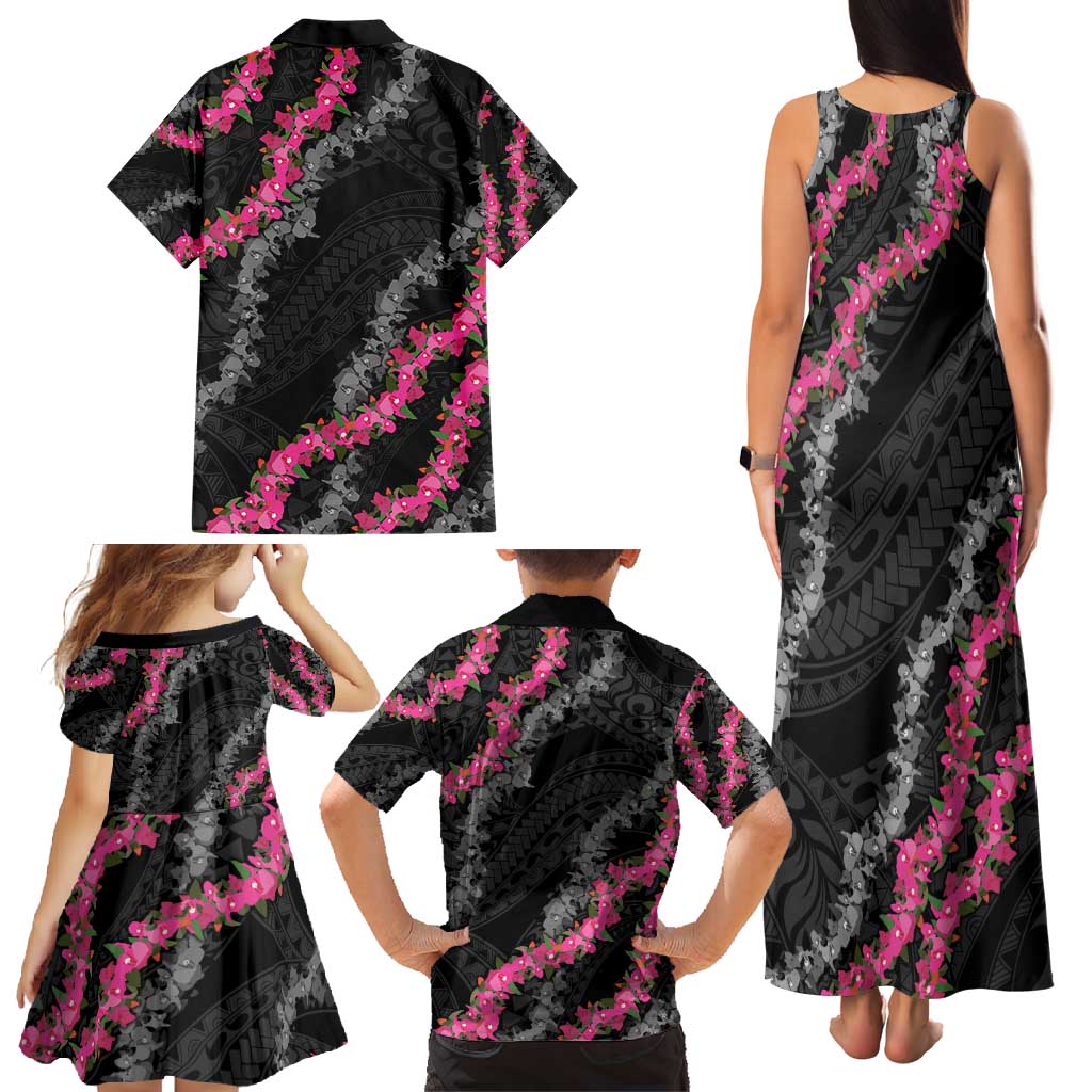 Guam Bougainvillea Lei Family Matching Tank Maxi Dress and Hawaiian Shirt Chamorro Tribal Pattern