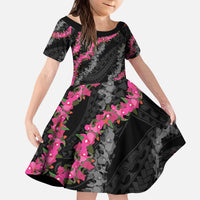 Guam Bougainvillea Lei Kid Short Sleeve Dress Chamorro Tribal Pattern