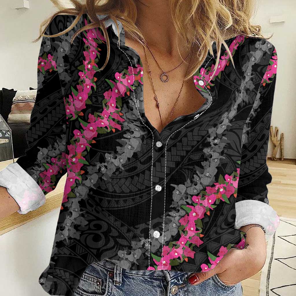 Guam Bougainvillea Lei Women Casual Shirt Chamorro Tribal Pattern LT9 Female Black - Polynesian Pride