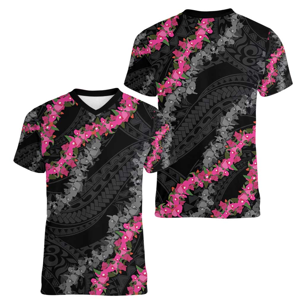 Guam Bougainvillea Lei Women V-Neck T-Shirt Chamorro Tribal Pattern