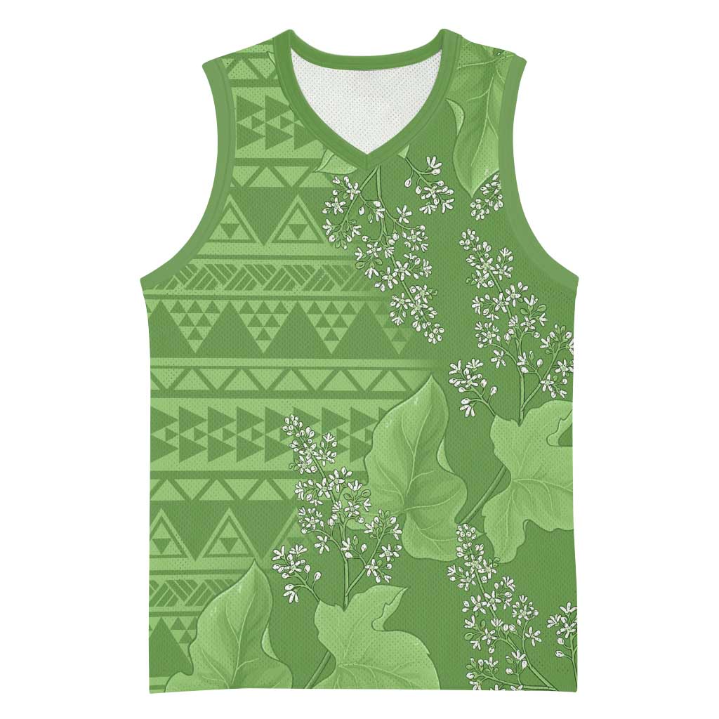 Hawaii Molokai Island Kukui Nut Flowers Basketball Jersey Tribal Kakau Pattern LT9 Unisex Green - Polynesian Pride