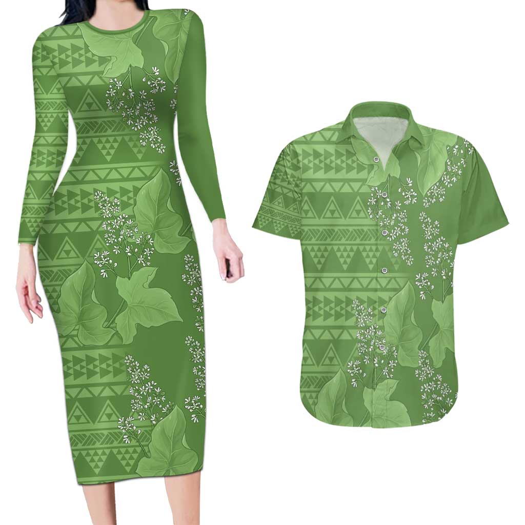 Hawaii Molokai Island Kukui Nut Flowers Couples Matching Long Sleeve Bodycon Dress and Hawaiian Shirt Tribal Kakau Pattern