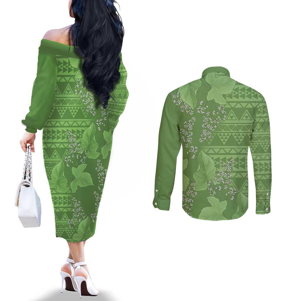 Hawaii Molokai Island Kukui Nut Flowers Couples Matching Off The Shoulder Long Sleeve Dress and Long Sleeve Button Shirt Tribal Kakau Pattern