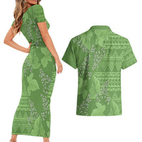 Hawaii Molokai Island Kukui Nut Flowers Couples Matching Short Sleeve Bodycon Dress and Hawaiian Shirt Tribal Kakau Pattern