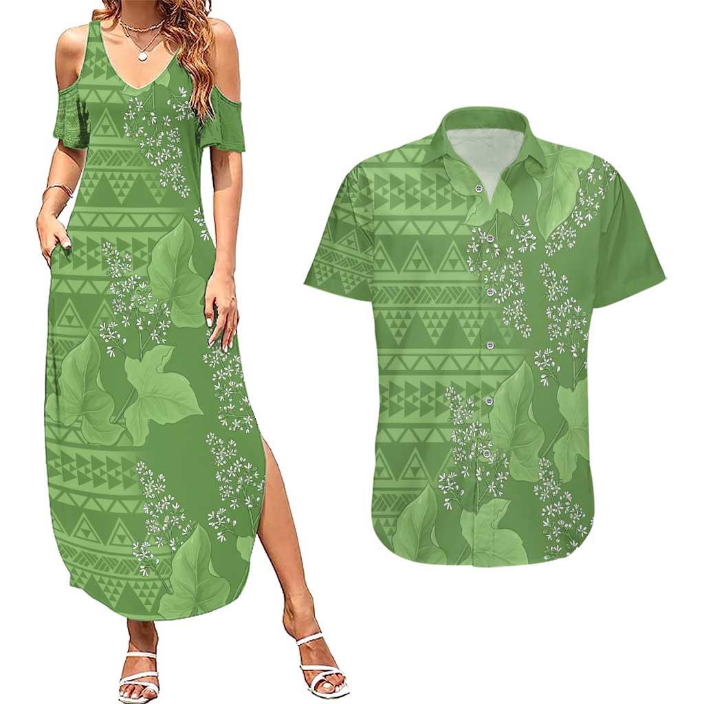 Hawaii Molokai Island Kukui Nut Flowers Couples Matching Summer Maxi Dress and Hawaiian Shirt Tribal Kakau Pattern