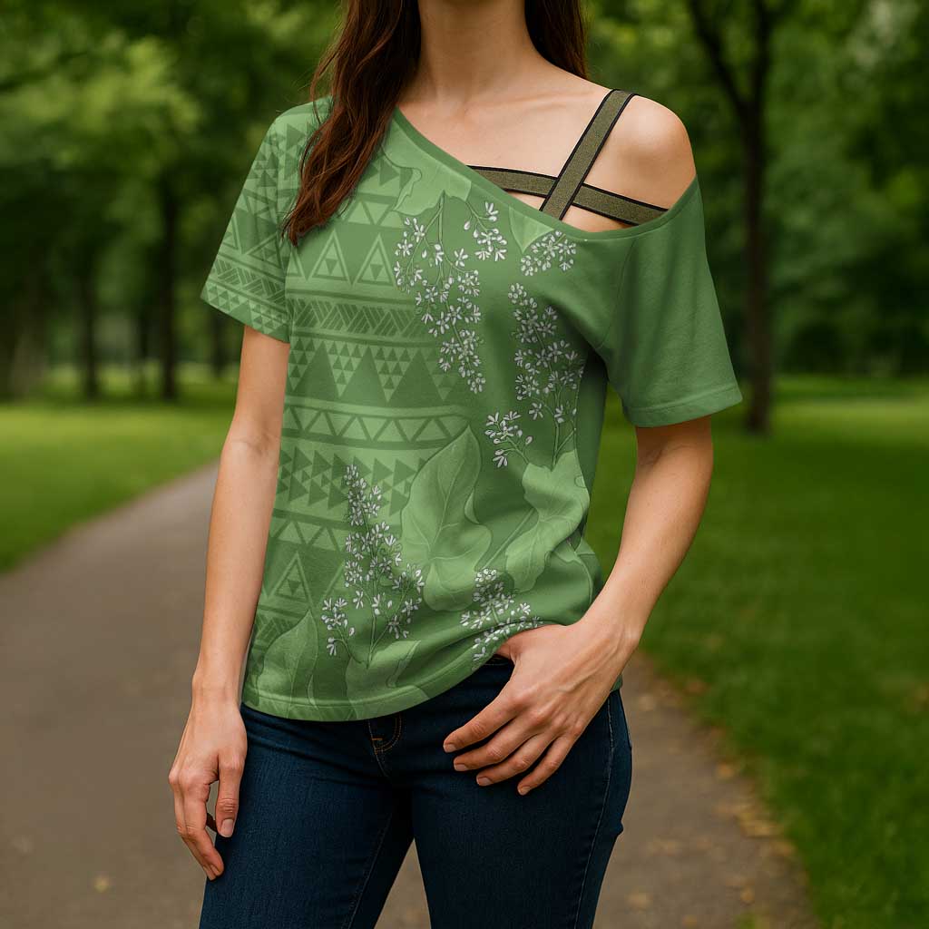 Hawaii Molokai Island Kukui Nut Flowers Cross Shoulder Shirt Tribal Kakau Pattern - Polynesian Pride