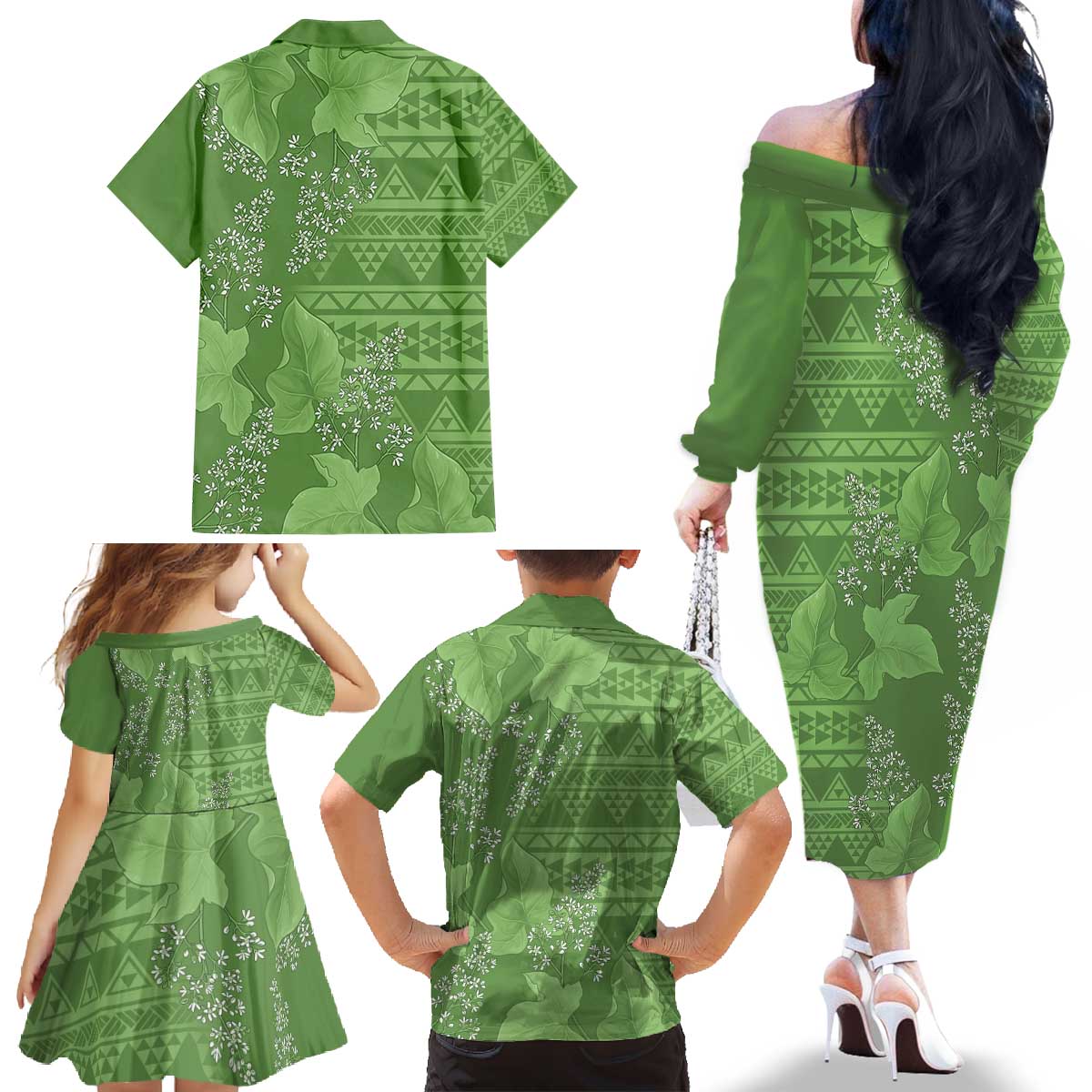 Hawaii Molokai Island Kukui Nut Flowers Family Matching Off The Shoulder Long Sleeve Dress and Hawaiian Shirt Tribal Kakau Pattern