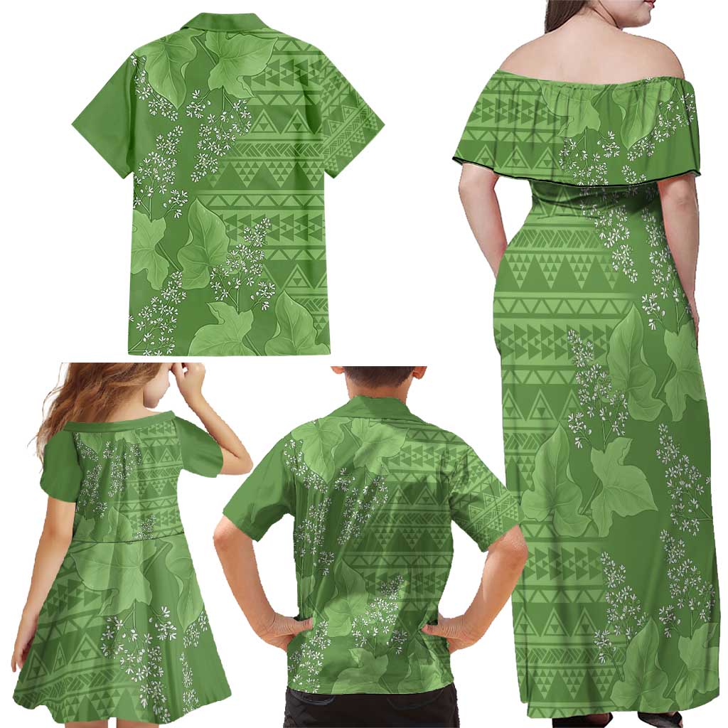 Hawaii Molokai Island Kukui Nut Flowers Family Matching Off Shoulder Maxi Dress and Hawaiian Shirt Tribal Kakau Pattern