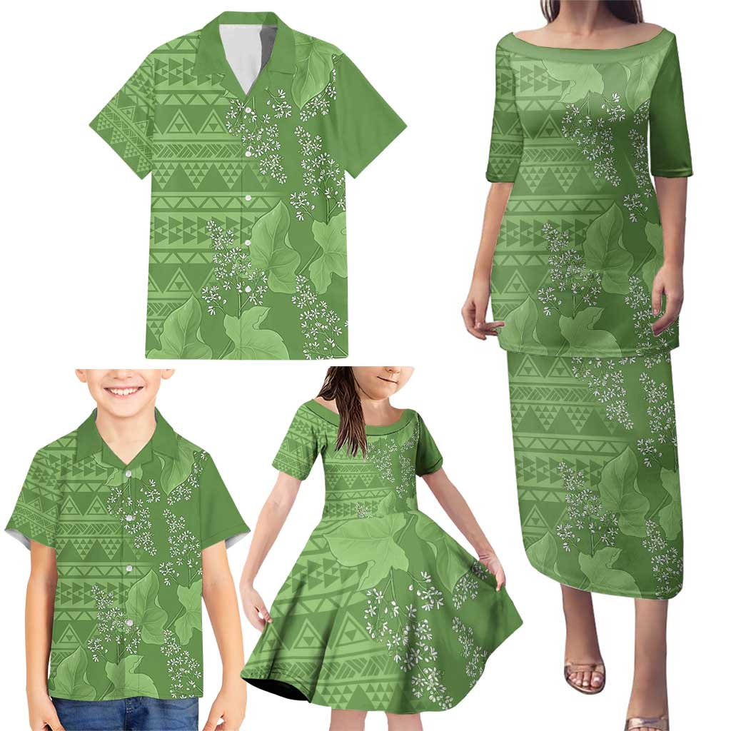 Hawaii Molokai Island Kukui Nut Flowers Family Matching Puletasi and Hawaiian Shirt Tribal Kakau Pattern