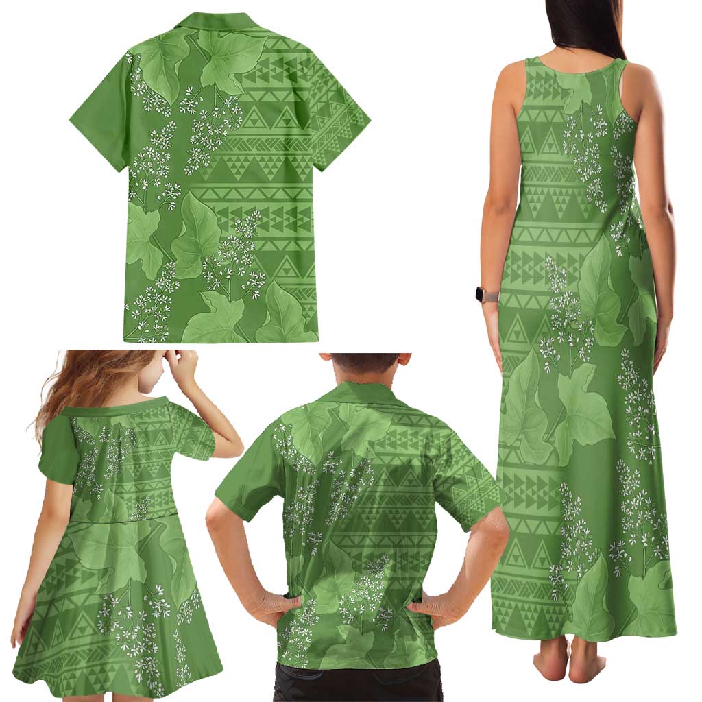 Hawaii Molokai Island Kukui Nut Flowers Family Matching Tank Maxi Dress and Hawaiian Shirt Tribal Kakau Pattern