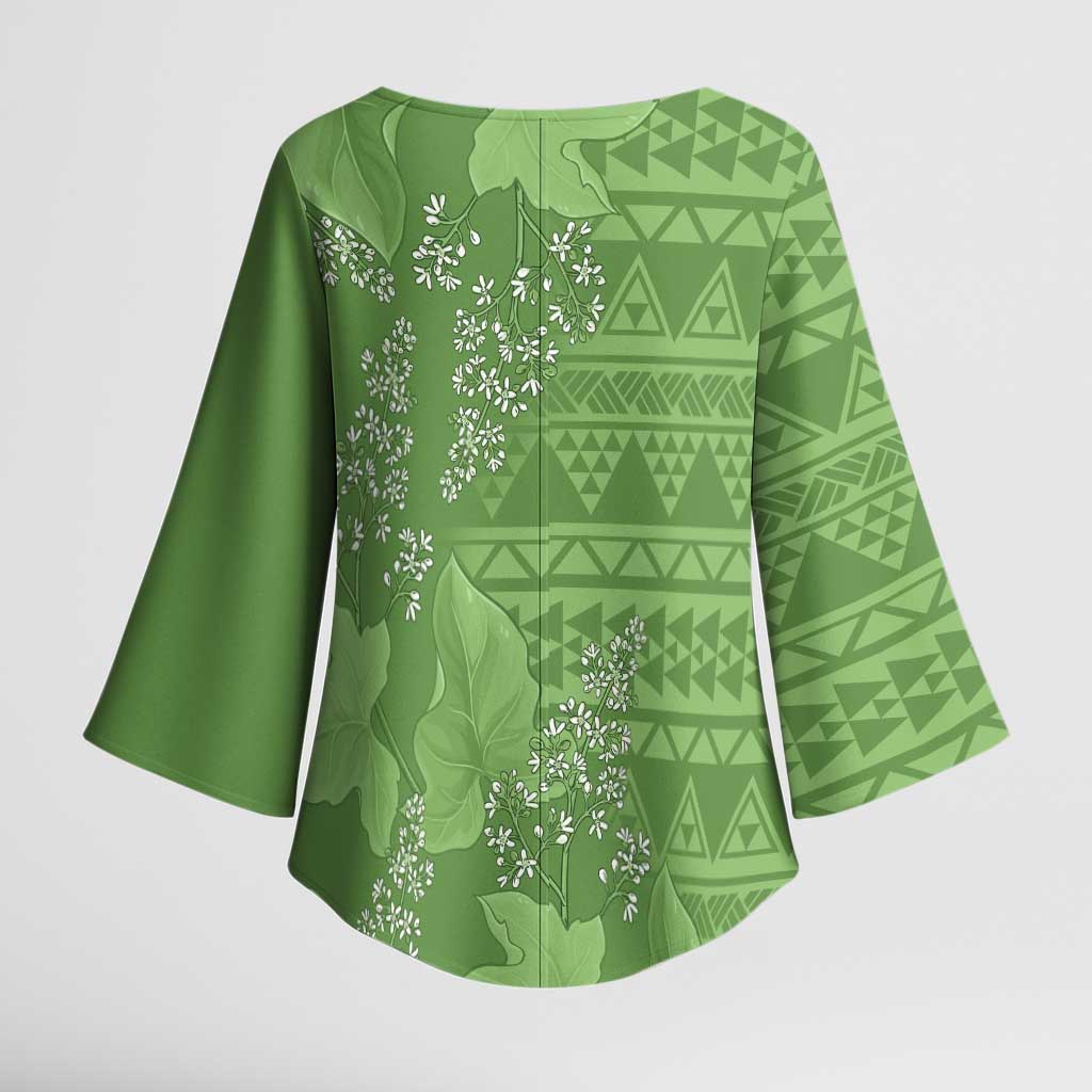 Hawaii Molokai Island Kukui Nut Flowers Kimono Sleeve Blouse Tribal Kakau Pattern - Polynesian Pride