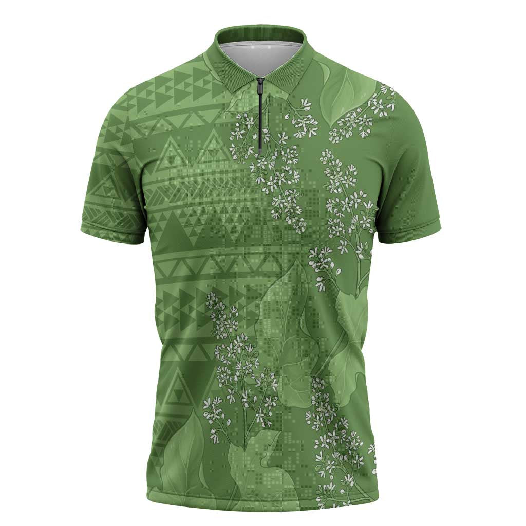 Hawaii Molokai Island Kukui Nut Flowers Zipper Polo Shirt Tribal Kakau Pattern - Polynesian Pride