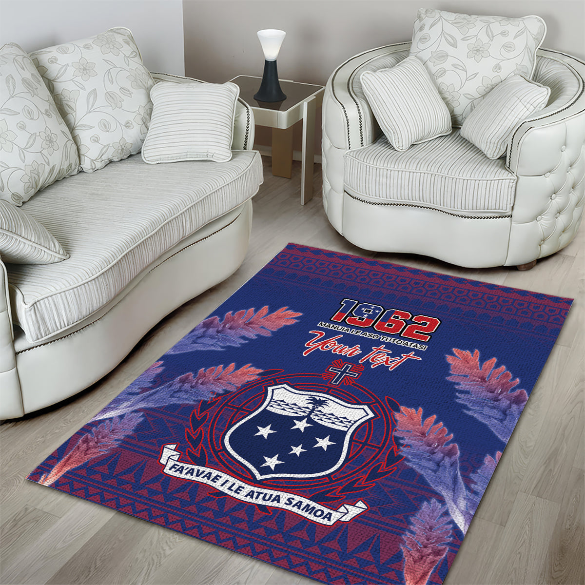 Custom Samoa 1962 Independence Day Custom Area Rug Manuia le Aso Tuto'atasi Ula Nifo Blue Art