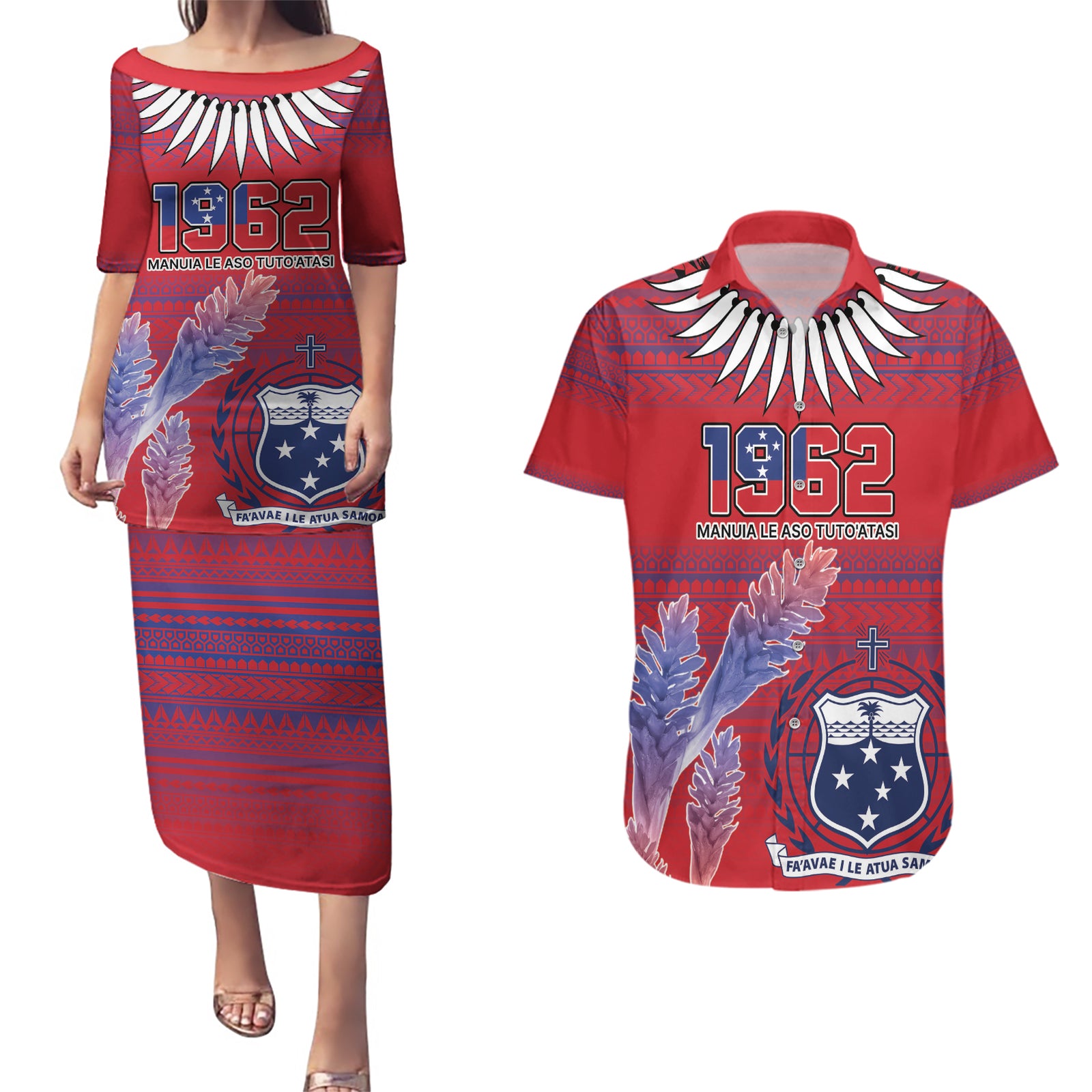 Custom Samoa 1962 Independence Day Custom Couples Matching Puletasi and Hawaiian Shirt Manuia le Aso Tuto'atasi Ula Nifo Red Art