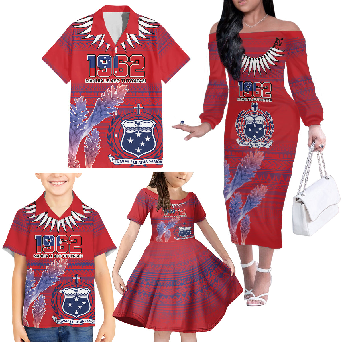 Custom Samoa 1962 Independence Day Custom Family Matching Off The Shoulder Long Sleeve Dress and Hawaiian Shirt Manuia le Aso Tuto'atasi Ula Nifo Red Art