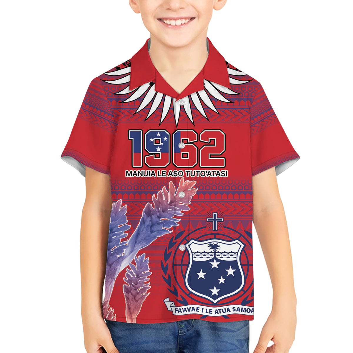 Custom Samoa 1962 Independence Day Custom Kid Hawaiian Shirt Manuia le Aso Tuto'atasi Ula Nifo Red Art