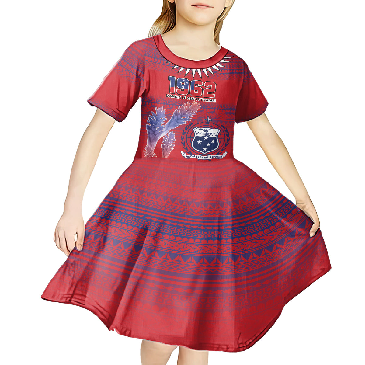 Custom Samoa 1962 Independence Day Custom Kid Short Sleeve Dress Manuia le Aso Tuto'atasi Ula Nifo Red Art