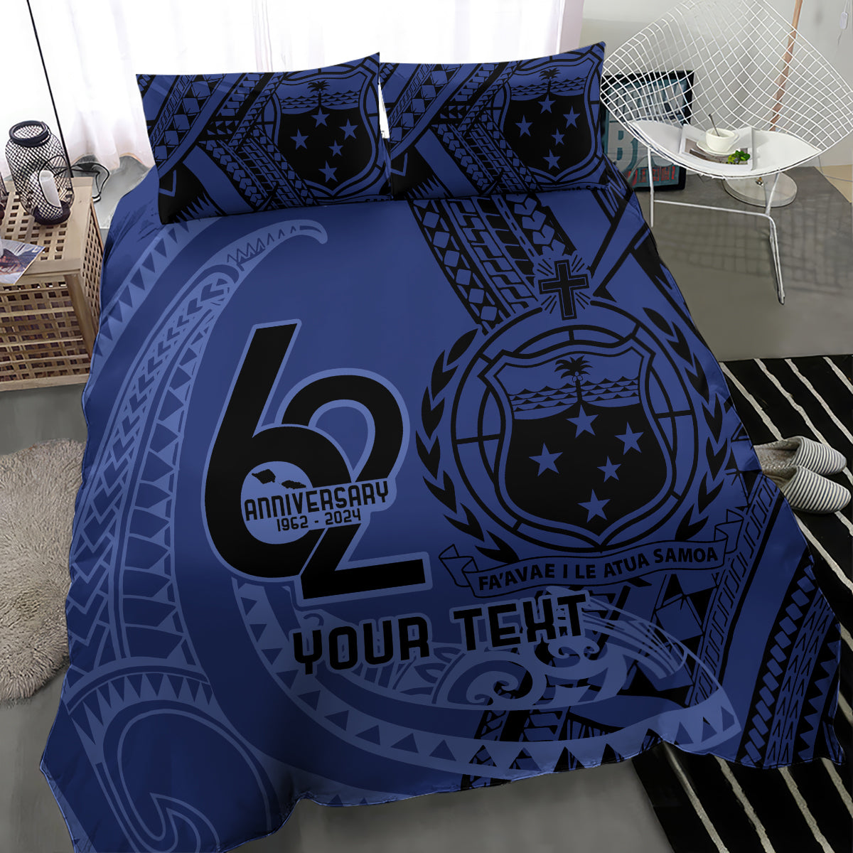 Custom Samoa 62nd Manuia le Aso Tuto'atasi Bedding Set Samoan Tatau Blue Art