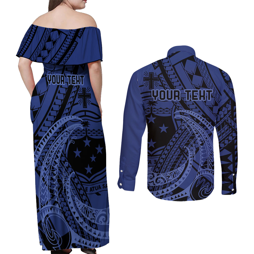 Custom Samoa 62nd Manuia le Aso Tuto'atasi Couples Matching Off Shoulder Maxi Dress and Long Sleeve Button Shirt Samoan Tatau Blue Art