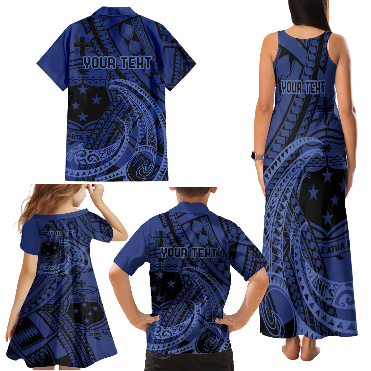 Custom Samoa 62nd Manuia le Aso Tuto'atasi Family Matching Tank Maxi Dress and Hawaiian Shirt Samoan Tatau Blue Art