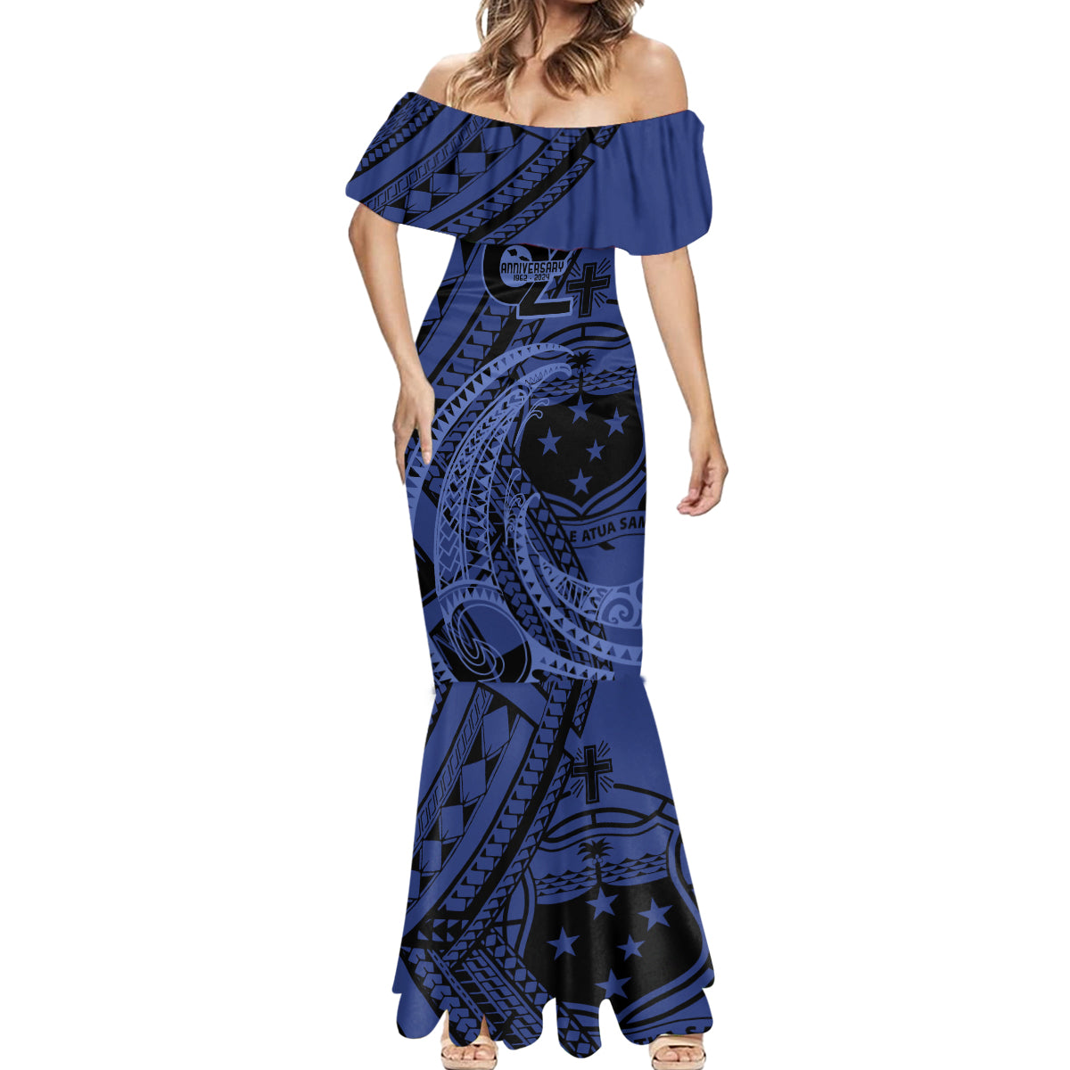 Custom Samoa 62nd Manuia le Aso Tuto'atasi Mermaid Dress Samoan Tatau Blue Art
