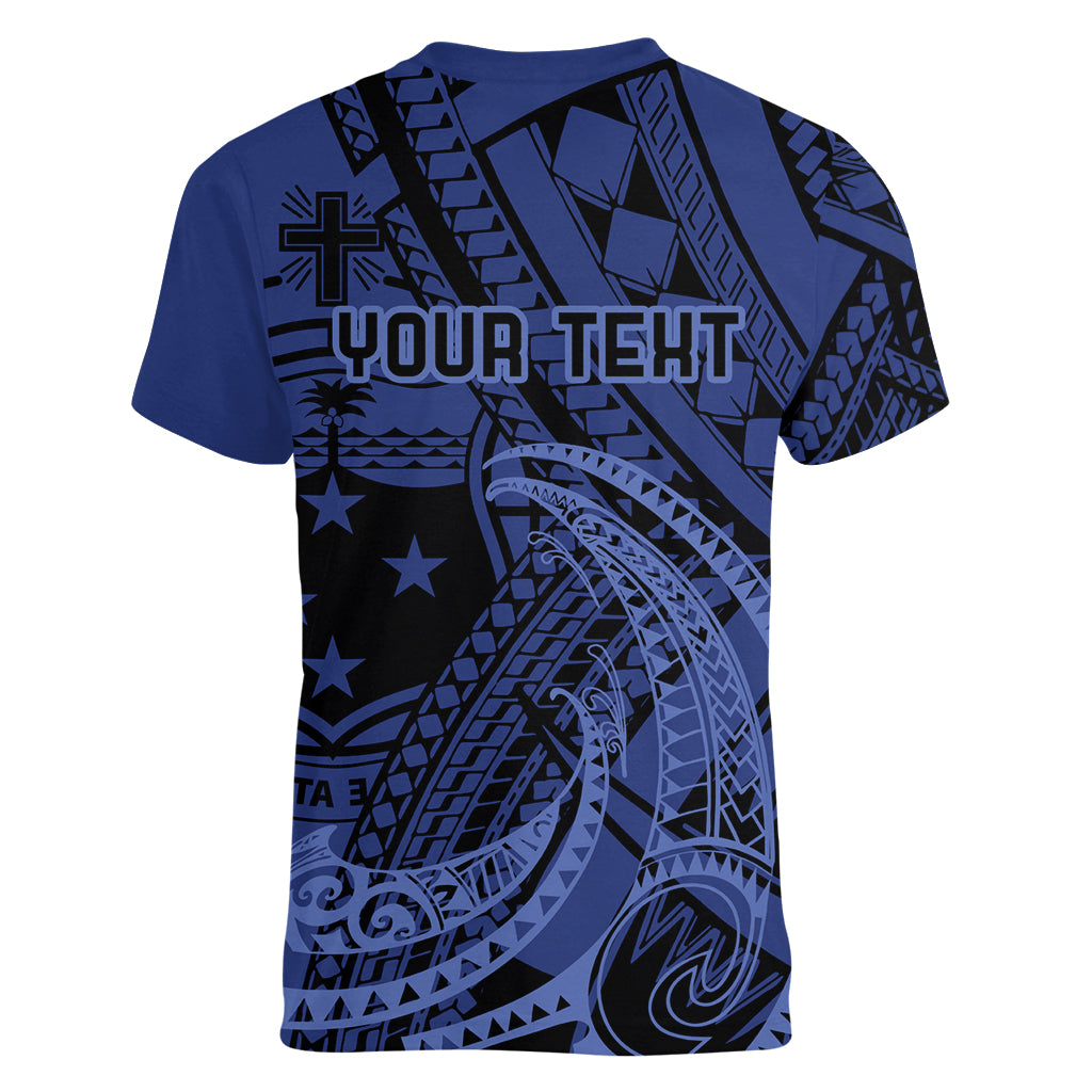 Custom Samoa 62nd Manuia le Aso Tuto'atasi Women V-Neck T-Shirt Samoan Tatau Blue Art