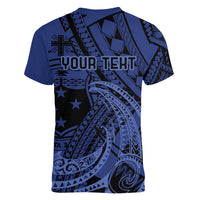 Custom Samoa 62nd Manuia le Aso Tuto'atasi Women V-Neck T-Shirt Samoan Tatau Blue Art