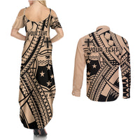 Custom Samoa Manuia le 62 Tausaga O le Tuto’atasi Couples Matching Summer Maxi Dress and Long Sleeve Button Shirt Samoan Tatau Beige Art