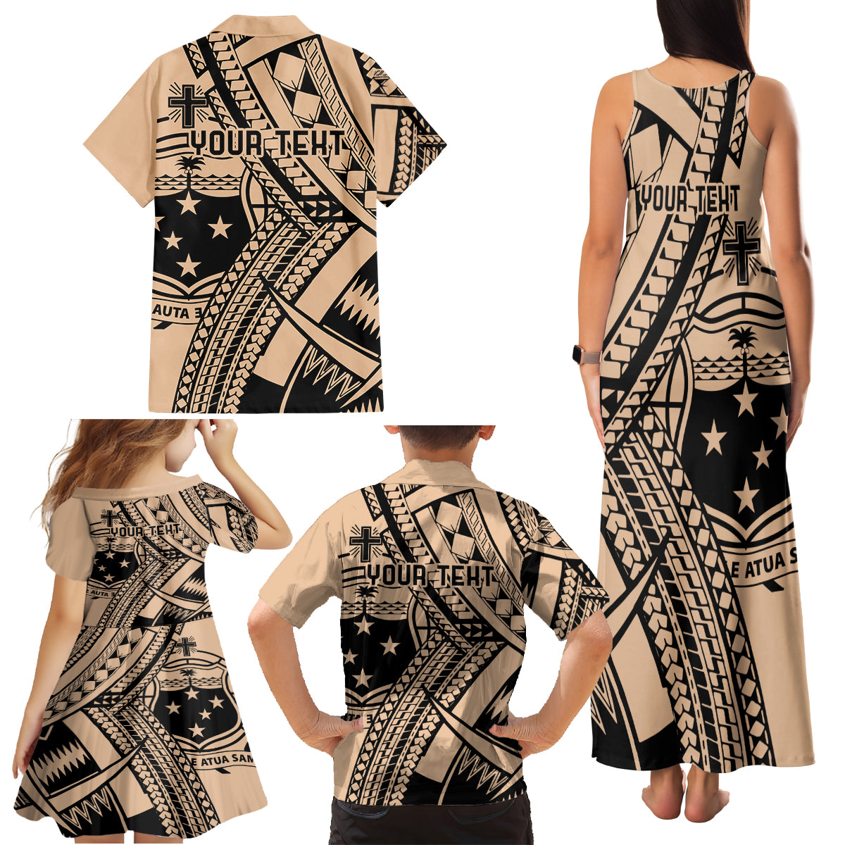 Custom Samoa Manuia le 62 Tausaga O le Tuto’atasi Family Matching Tank Maxi Dress and Hawaiian Shirt Samoan Tatau Beige Art