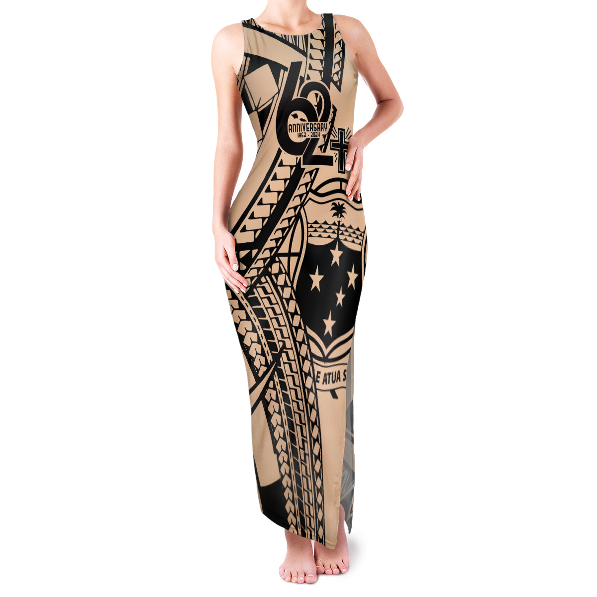 Custom Samoa Manuia le 62 Tausaga O le Tuto’atasi Family Matching Tank Maxi Dress and Hawaiian Shirt Samoan Tatau Beige Art