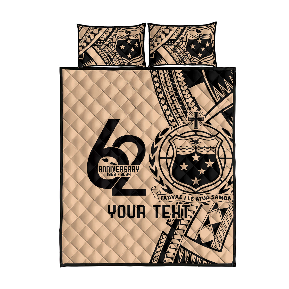 Custom Samoa Manuia le 62 Tausaga O le Tuto’atasi Quilt Bed Set Samoan Tatau Beige Art