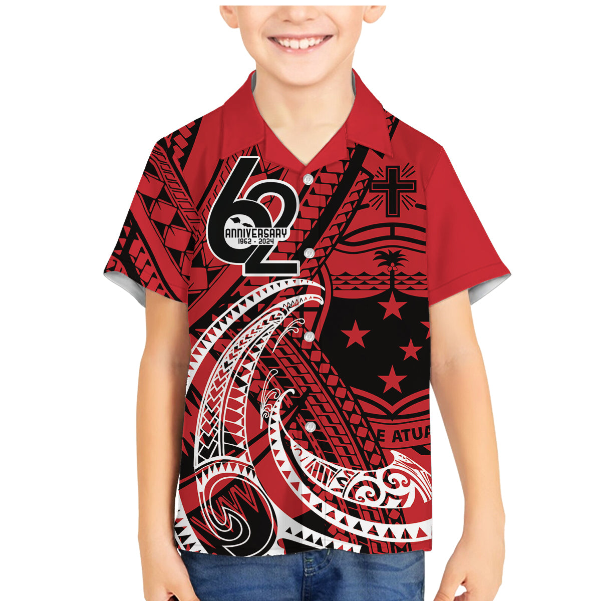 Custom Samoa Manuia le 62 Tausaga O le Tuto’atasi Family Matching Mermaid Dress and Hawaiian Shirt Samoan Tatau Red Art