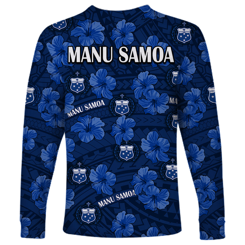 Manu Samoa Rugby Long Sleeve Shirt Polynesian Style With Hibiscus LT9 - Polynesian Pride