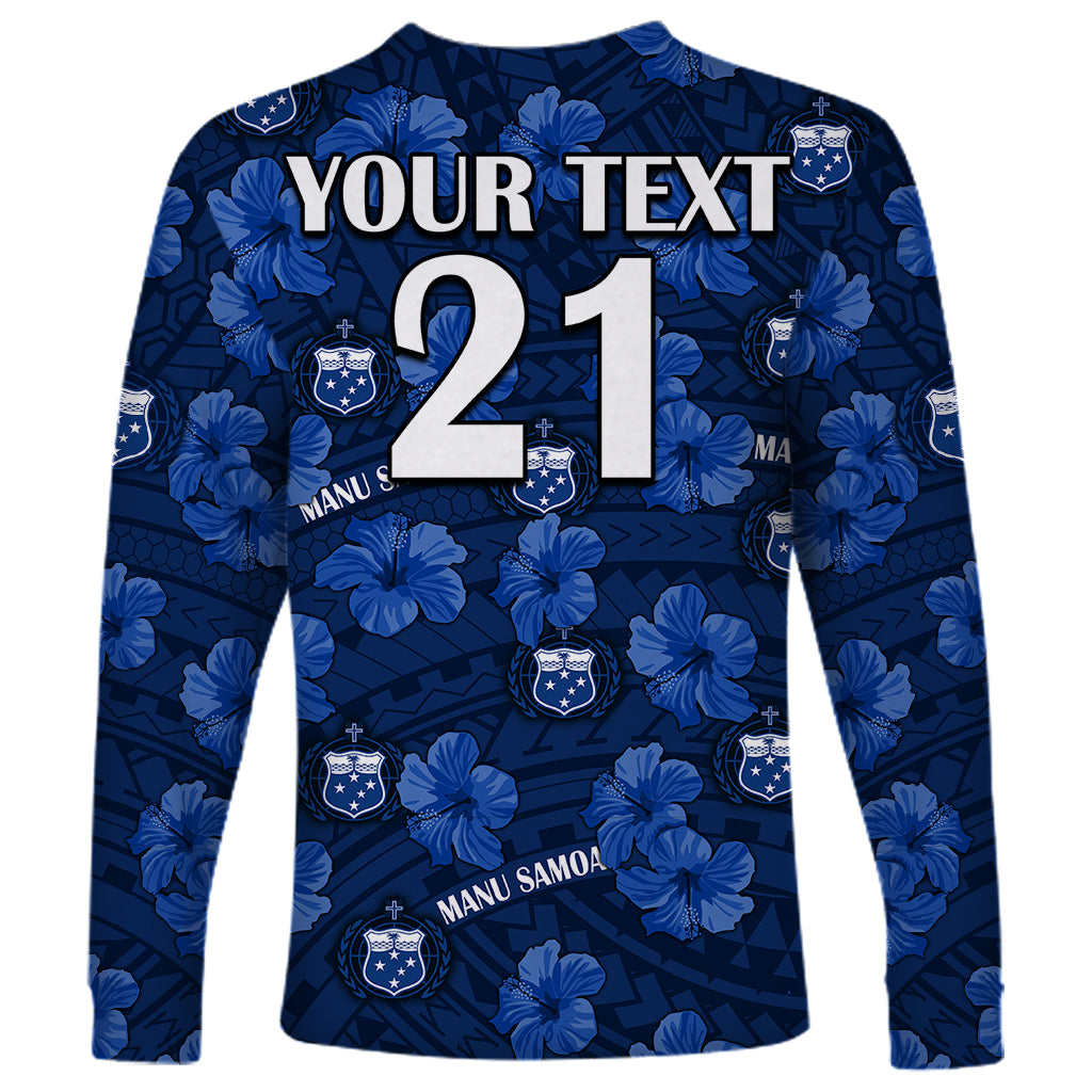 (Custom Text And Number) Manu Samoa Rugby Long Sleeve Shirt Polynesian Style With Hibiscus LT9 - Polynesian Pride