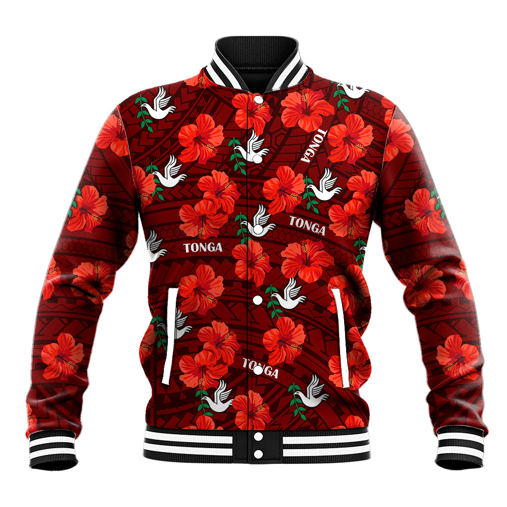 Tonga Rugby Baseball Jacket Polynesian Style With Hibiscus LT9 Unisex Red - Polynesian Pride