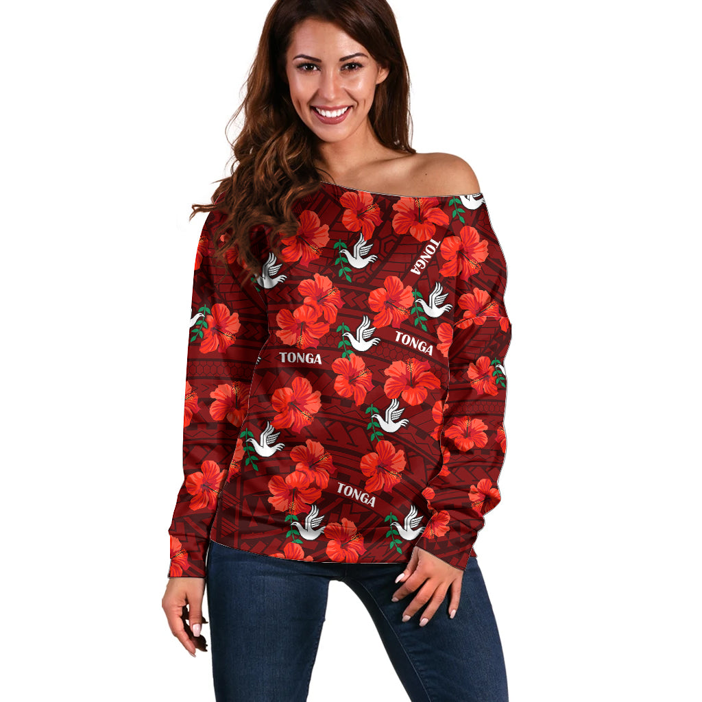 Tonga Rugby Off Shoulder Sweater Polynesian Style With Hibiscus LT9 Women Red - Polynesian Pride