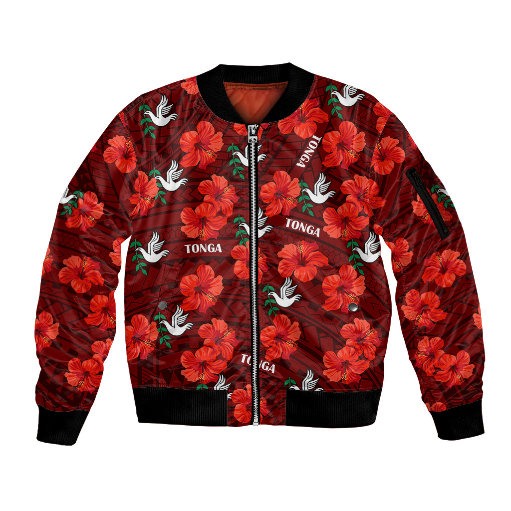 Tonga Rugby Sleeve Zip Bomber Jacket Polynesian Style With Hibiscus LT9 Unisex Red - Polynesian Pride