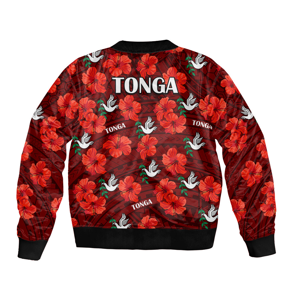 Tonga Rugby Sleeve Zip Bomber Jacket Polynesian Style With Hibiscus LT9 - Polynesian Pride