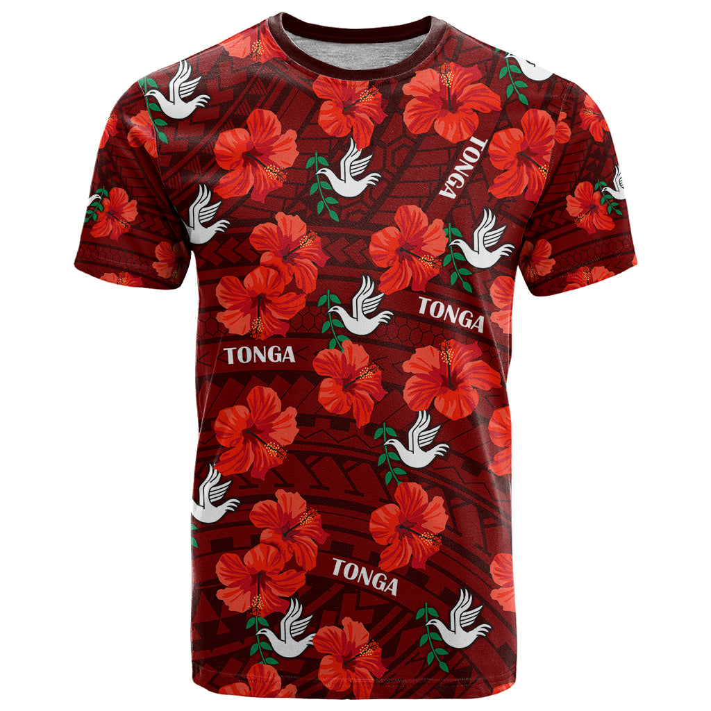 Tonga Rugby T Shirt Polynesian Style With Hibiscus LT9 Red - Polynesian Pride