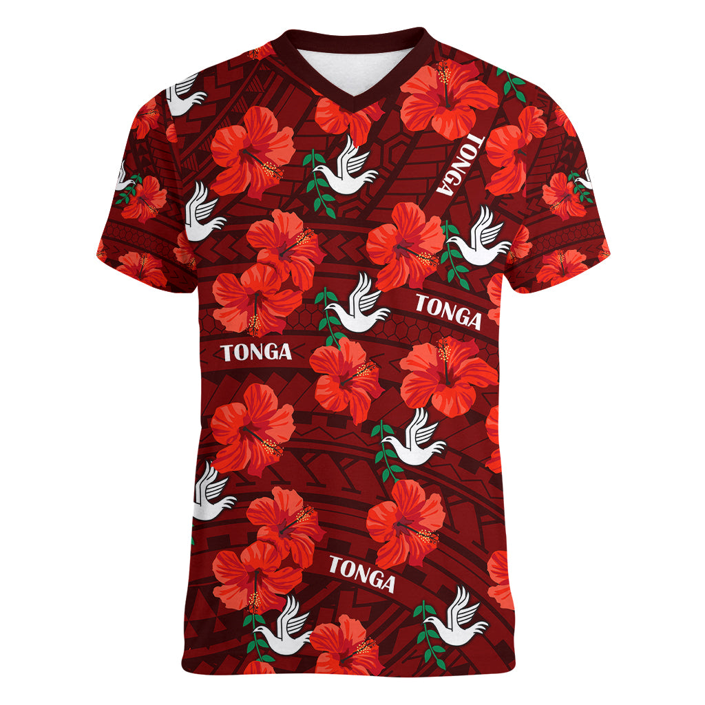 Tonga Rugby Women V Neck T Shirt Polynesian Style With Hibiscus LT9 Female Red - Polynesian Pride