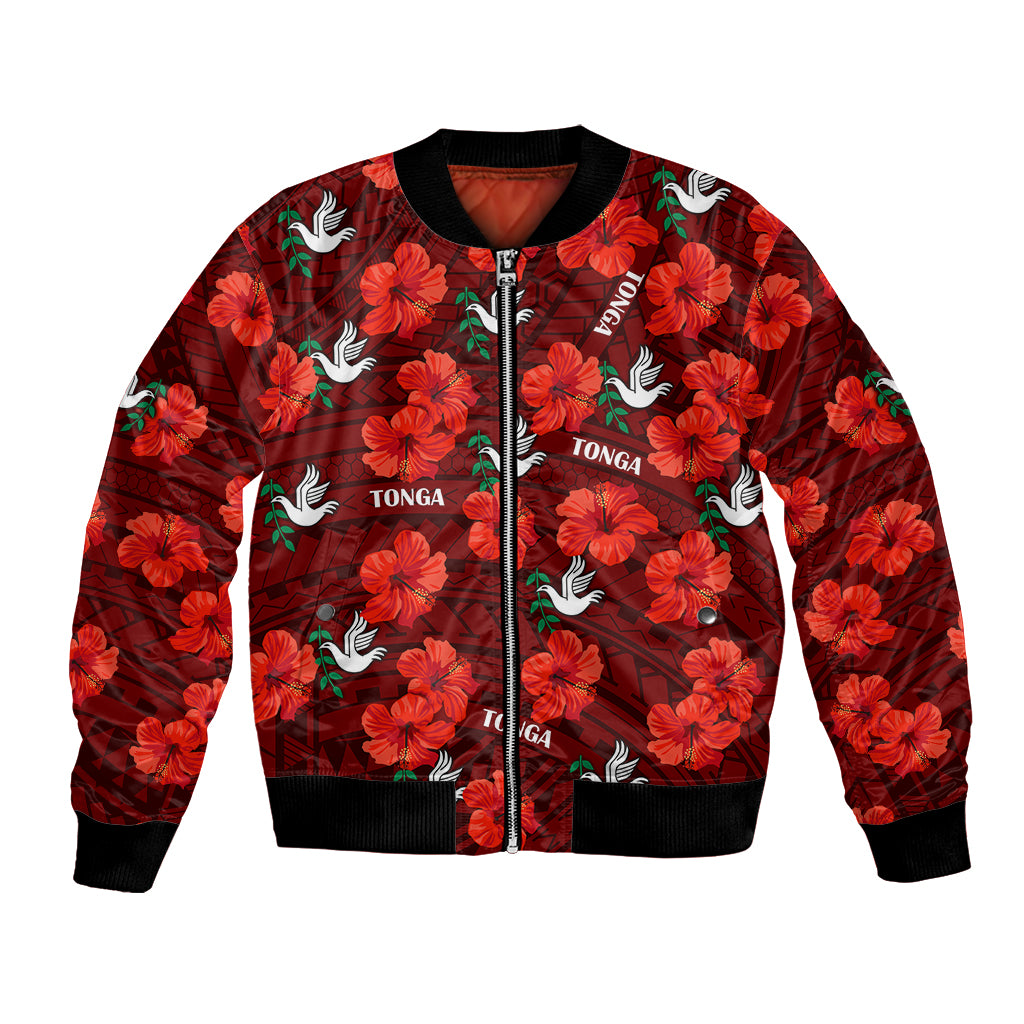 (Custom Text And Number) Tonga Rugby Bomber Jacket Polynesian Style With Hibiscus LT9 Unisex Red - Polynesian Pride