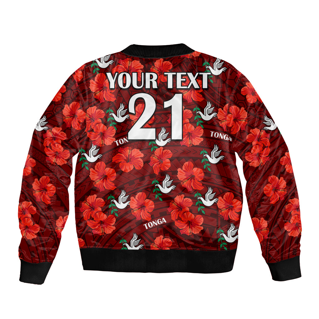 (Custom Text And Number) Tonga Rugby Sleeve Zip Bomber Jacket Polynesian Style With Hibiscus LT9 - Polynesian Pride