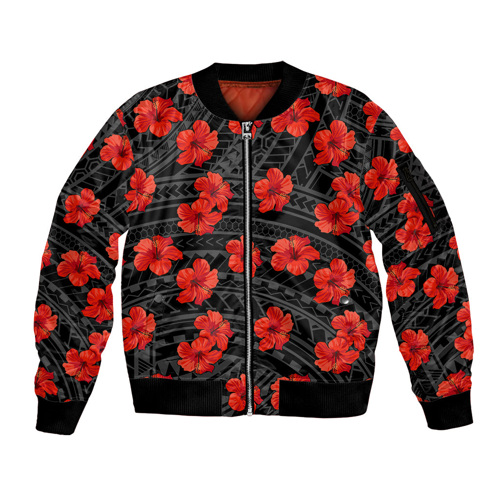 Polynesian Pride Hawaii Style With Hibiscus Sleeve Zip Bomber Jacket Black LT9 Unisex Black - Polynesian Pride