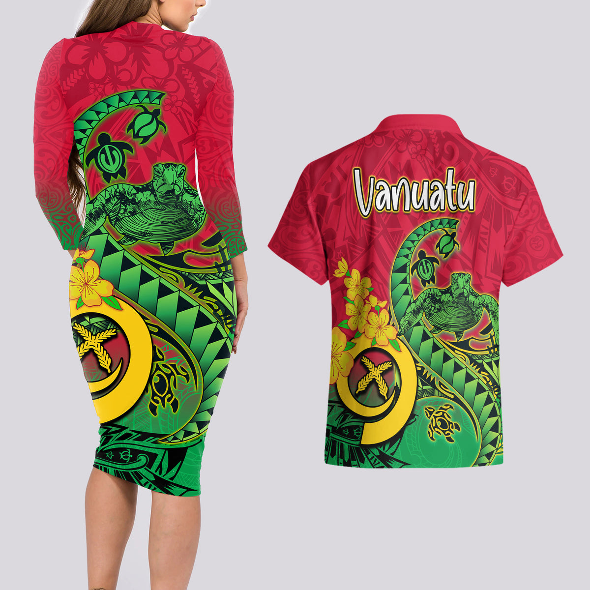 Vanuatu Islands Couples Matching Long Sleeve Bodycon Dress and Hawaiian Shirt Polynesian Tattoo and Sea Turtle LT9 - Polynesian Pride