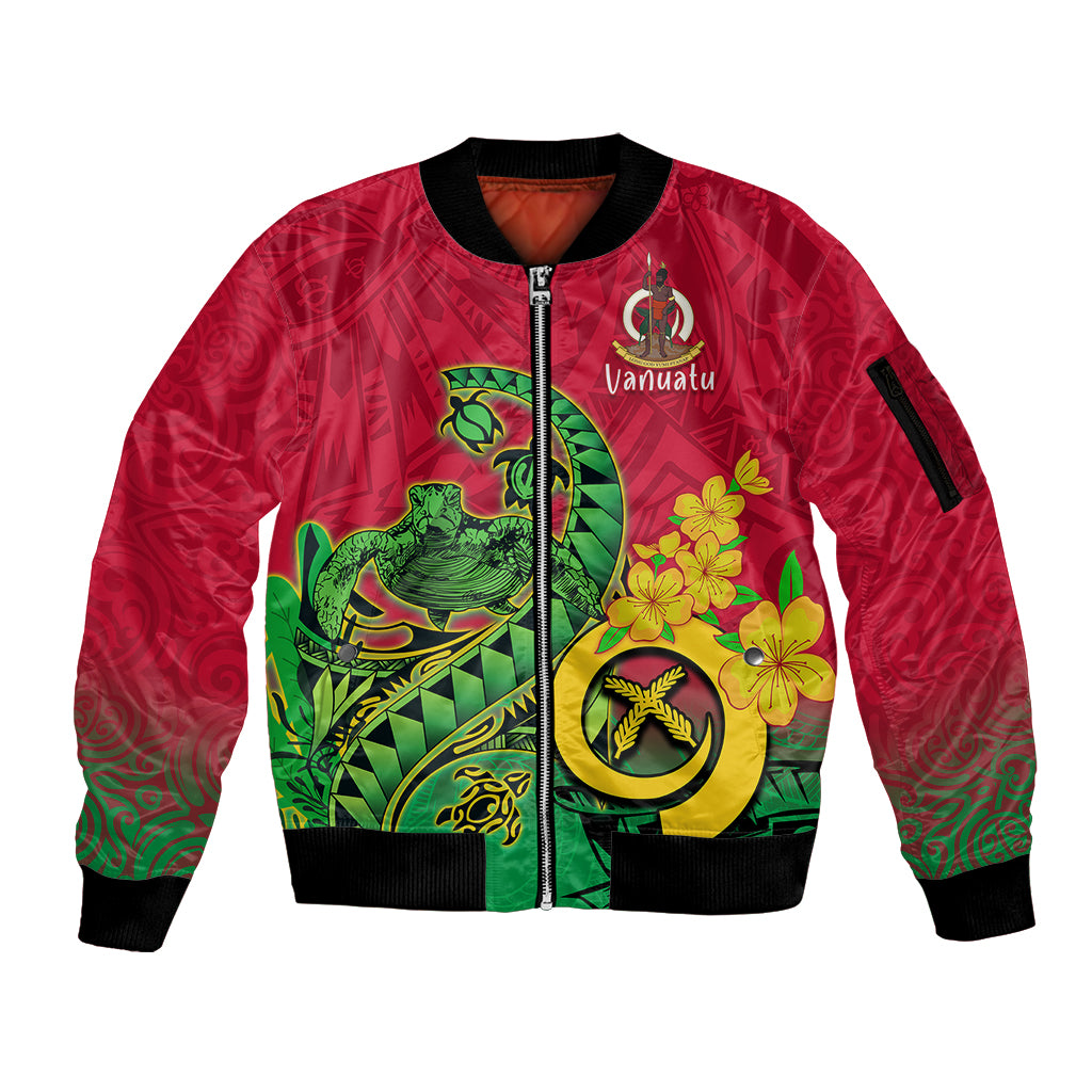Vanuatu Islands Sleeve Zip Bomber Jacket Polynesian Tattoo and Sea Turtle LT9 Unisex Green - Polynesian Pride