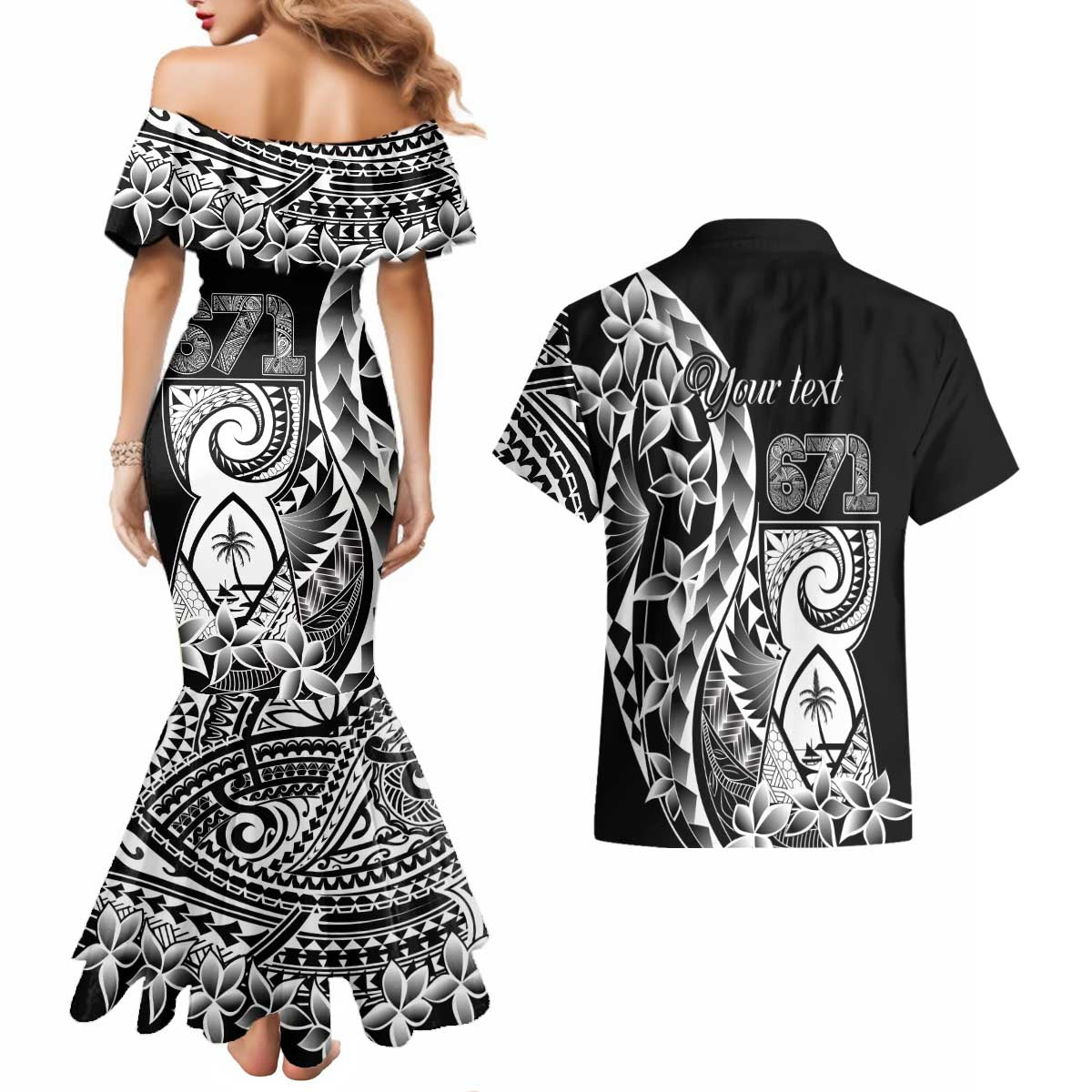 671 Guam Personalised Couples Matching Mermaid Dress and Hawaiian Shirt Latte Stone Tribal
