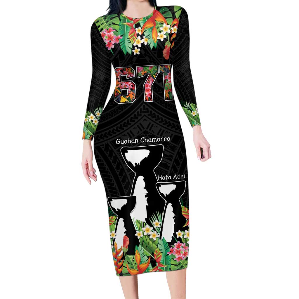671 Guam Personalised Family Matching Long Sleeve Bodycon Dress and Hawaiian Shirt Latte Stone and Tropical Flowers