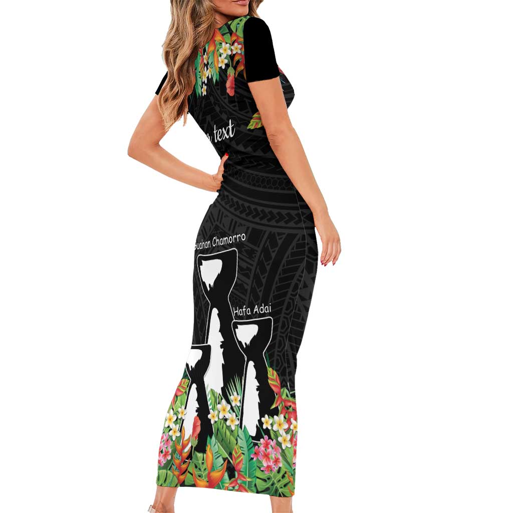 671 Guam Personalised Short Sleeve Bodycon Dress Latte Stone and Tropical Flowers