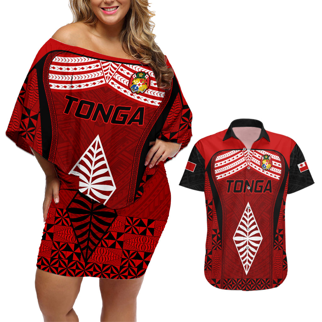 Tonga Rugby Couples Matching Off Shoulder Short Dress and Hawaiian Shirt Go Champions World Cup 2023 Ngatu Unique LT9 Red - Polynesian Pride