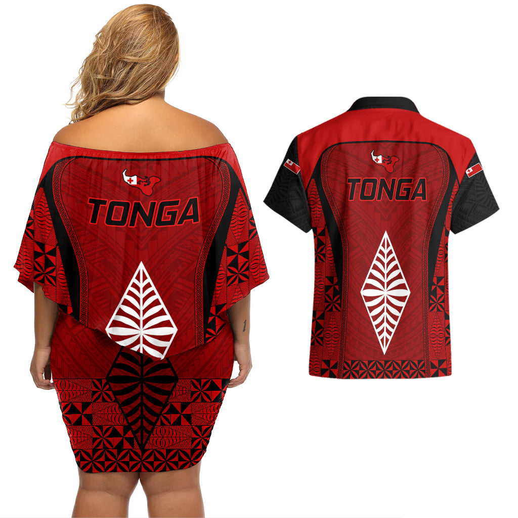 Tonga Rugby Couples Matching Off Shoulder Short Dress and Hawaiian Shirt Go Champions World Cup 2023 Ngatu Unique LT9 - Polynesian Pride
